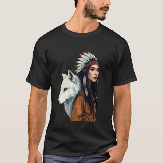 ネイティブアメリカン女性ウルフラバー先住民アメリカン Tシャツ (正面)