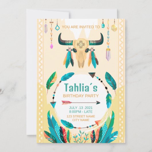 ネイティブアメリカン ボヘミアンバースデー招待状テンプレート 招待状 (正面)
