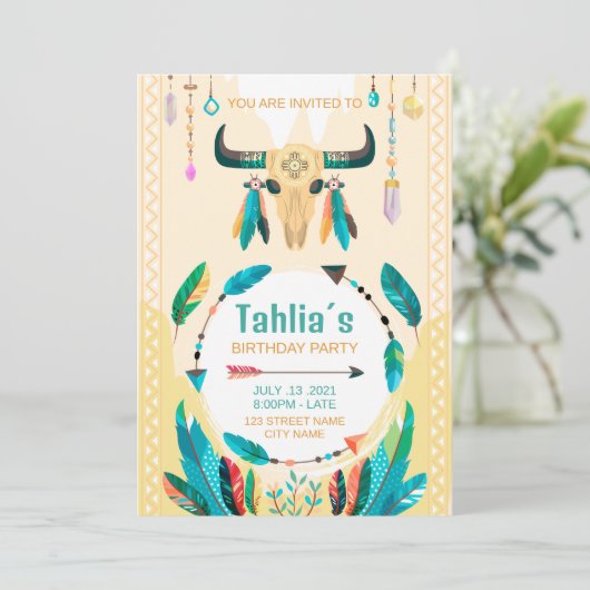 ネイティブアメリカン ボヘミアンバースデー招待状テンプレート 招待状 (スタンド正面)