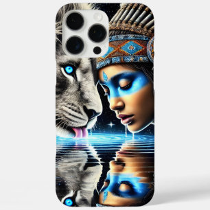 ネイティブ戦士とライオンの月光に照らされた水面の反射 iPhone 16 PRO MAXケース