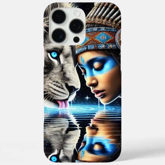 ネイティブ戦士とライオンの月光に照らされた水面の反射 Case-Mate iPhoneケース (裏面)