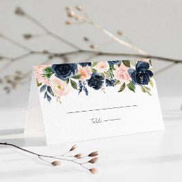 ネイビお洒落ーブルー&赤面ピンクフローラズ結婚 プレイスカード