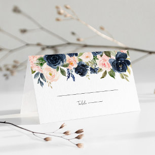 ネイビお洒落ーブルー&赤面ピンクフローラズ結婚 プレイスカード
