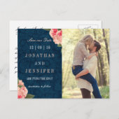 ネイビかわいらしーとコーラル日付はがきを保存 案内ポストカード (正面/裏面)