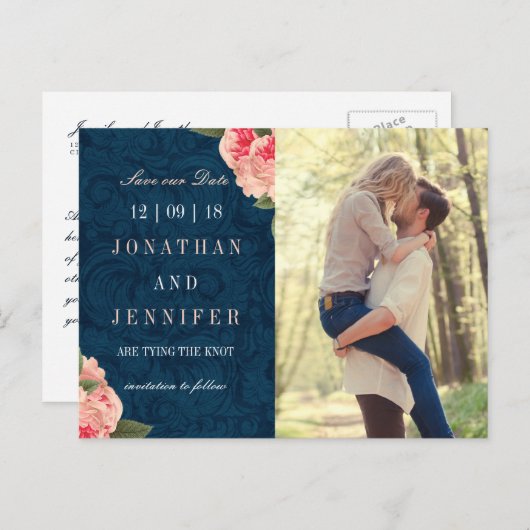 ネイビかわいらしーとコーラル日付はがきを保存 案内ポストカード (正面/裏面)