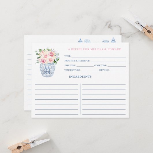 ネイビかわいらしーとピンクの新郎新婦レシピカード 招待状 (正面/裏面インサイチュ)