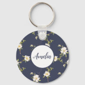 ネイビかわいらしーとホワイトフローラパーソナライズされた キーホルダー (正面)