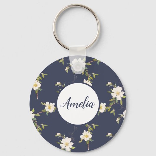 ネイビかわいらしーとホワイトフローラパーソナライズされた キーホルダー (正面)