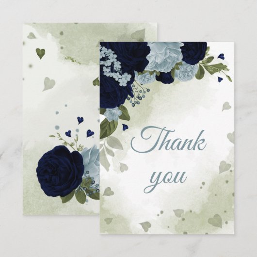 ネイビかわいらしーブルーと埃っぽいブルーの花 サンキューカード (正面/裏面)