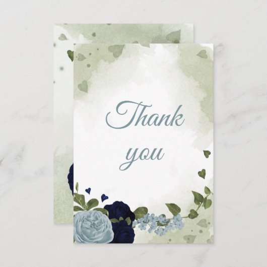 ネイビかわいらしーブルーと埃っぽいブルーの花 サンキューカード (正面/裏面)