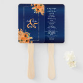 ネイビかわいらしーブルーにオレンジ色の花 ハンドファン (正面&裏面)