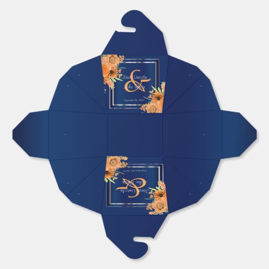 ネイビかわいらしーブルーにオレンジ色の花 フェイバーボックス (見開き)