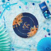 ネイビかわいらしーブルーにオレンジ色の花 ペーパープレート (パーティー)