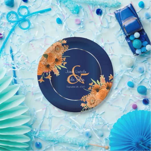 ネイビかわいらしーブルーにオレンジ色の花 ペーパープレート (パーティー)