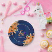 ネイビかわいらしーブルーにオレンジ色の花 ペーパープレート (パーティー)