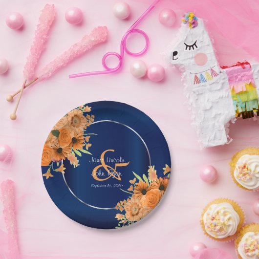 ネイビかわいらしーブルーにオレンジ色の花 ペーパープレート (パーティー)