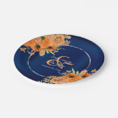 ネイビかわいらしーブルーにオレンジ色の花 ペーパープレート (アングル)