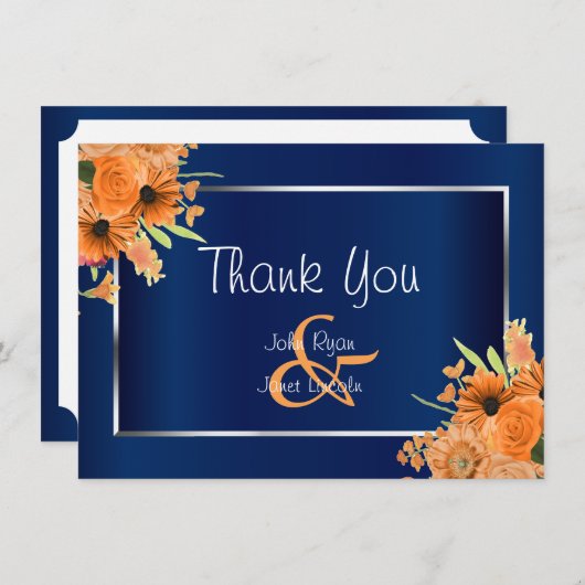 ネイビかわいらしーブルーのオレンジ色の花 – ありがとう サンキューカード (正面/裏面)