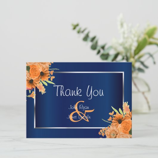 ネイビかわいらしーブルーのオレンジ色の花 – ありがとう サンキューカード (スタンド正面)