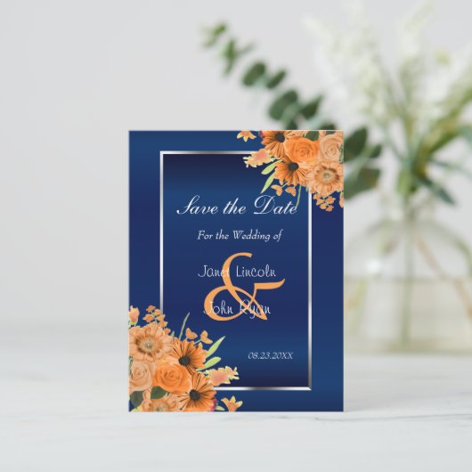 ネイビかわいらしーブルーのオレンジ色の花 – 日付を保存 案内ポストカード (スタンド正面)