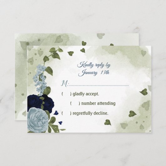 ネイビかわいらしー&ほこりまみれの青い花の緑 出欠カード (正面/裏面)