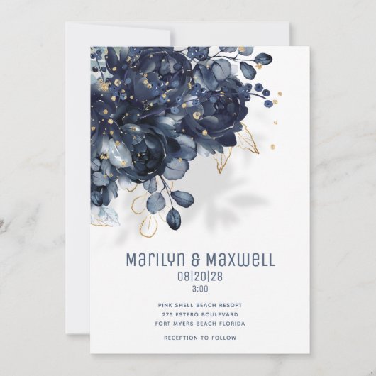 ネイビきらめくーホワイト&金ゴールド結婚ズ 案内状 (正面)