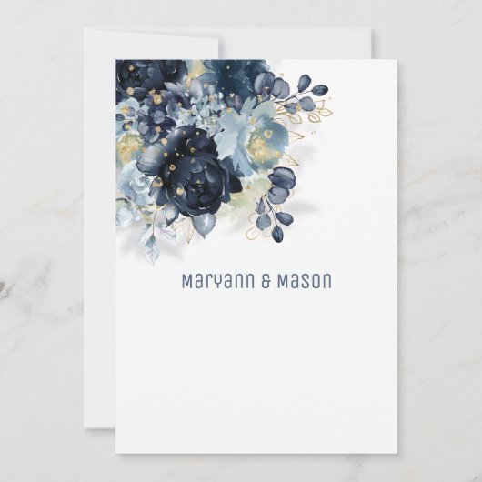 ネイビきらめくー金ゴールドダスティブルーモダン結婚ズ 案内状 (裏面)