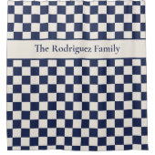ネイビはっきりしたーのブルー市松模様にクリームのパターン シャワーカーテン (正面)