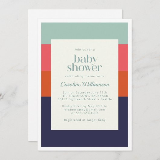 ネイビはっきりしたーブルーとレッドストライプのシックな赤ちゃんシャワー 招待状 (正面/裏面)