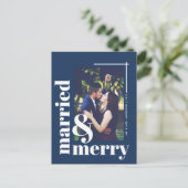 ネイビはっきりしたーブルー結婚したと写真のメリークリスマス ポストカード (スタンド正面)