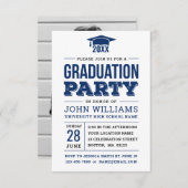 ネイビはっきりしたーブルー・ホワイト写真卒業パーティー 招待状 (正面/裏面)