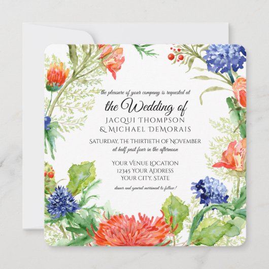 ネイビアンオレンジコーラルムスティスルスボタニカルフローラ 招待状 (正面)