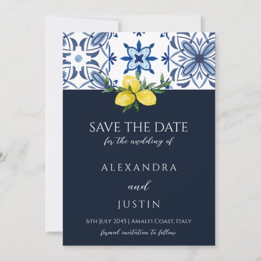 ネイビイタリアンー地中海のウェディング日付を保存 招待状 (正面)