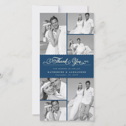 ネイビエレガントスカロップバンド6フォトシック結婚ズ サンキューカード (正面)
