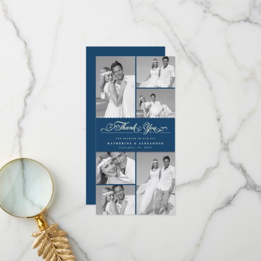 ネイビエレガントスカロップバンド6フォトシック結婚ズ サンキューカード (正面/裏面インサイチュ)