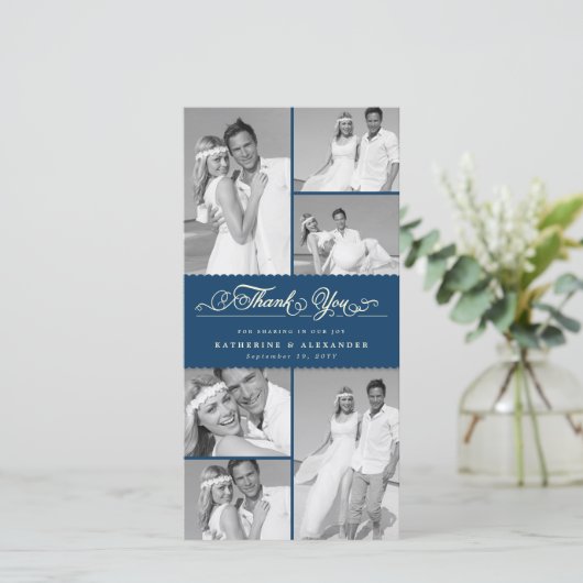 ネイビエレガントスカロップバンド6フォトシック結婚ズ サンキューカード (スタンド正面)