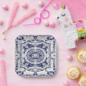 ネイビエレガントスタイリッシューモダンブルーバロックオーナメント ペーパープレート (パーティー)