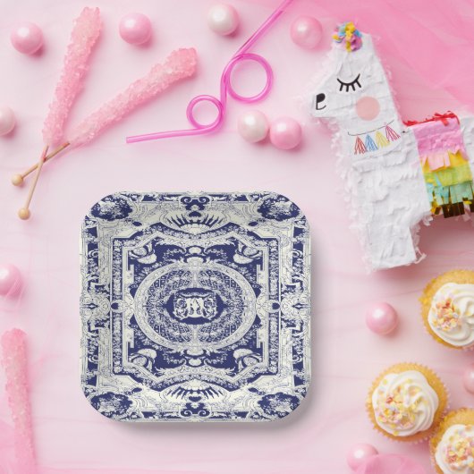 ネイビエレガントスタイリッシューモダンブルーバロックオーナメント ペーパープレート (パーティー)