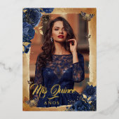 ネイビエレガントバラ金ゴールドフローラ写真キンセアニェラ 箔招待状 (正面)