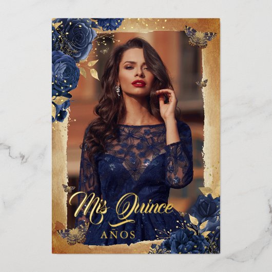 ネイビエレガントバラ金ゴールドフローラ写真キンセアニェラ 箔招待状 (正面)