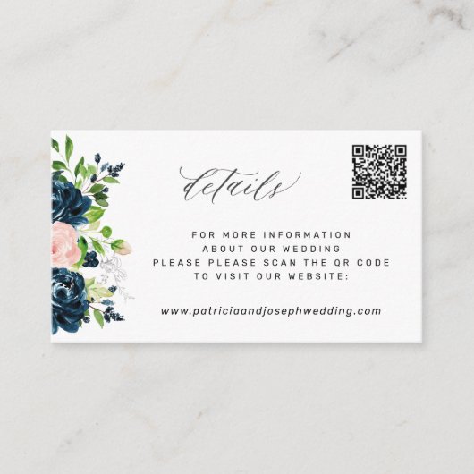 ネイビエレガントピンクフローラQRコードの結婚詳細 エンクロージャーカード (正面)