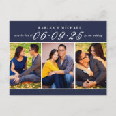 ネイビエレガントフォトコラージュ結婚式の日付を保存 案内ポストカード (正面)
