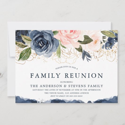 ネイビエレガントフローラ金ゴールド赤面ファミリー懇親会 招待状 (正面)