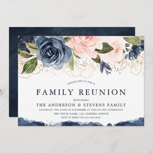 ネイビエレガントフローラ金ゴールド赤面ファミリー懇親会 招待状 (正面/裏面)