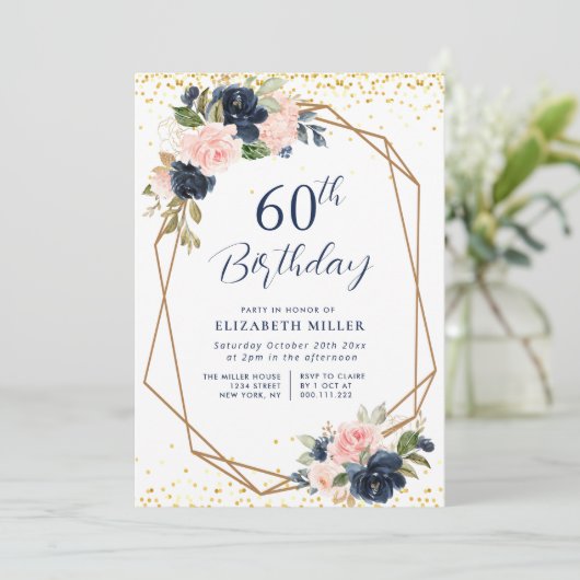 ネイビエレガントフローラ60th誕生日パーティーの招待 招待状 (スタンド正面)
