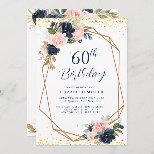 ネイビエレガントフローラ60th誕生日パーティーの招待 招待状 (正面/裏面)