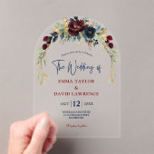 ネイビエレガントブルゴーニュフローラ結婚アーチ アクリル招待状 (インサイチュ (ポータブル))