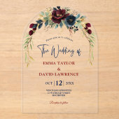 ネイビエレガントブルゴーニュフローラ結婚アーチ アクリル招待状 (正面)