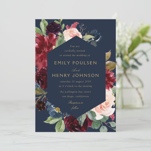 ネイビエレガントブルゴーニュ開花結婚ズ 招待状 (スタンド正面)