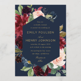 ネイビエレガントブルゴーニュ開花結婚ズ 招待状